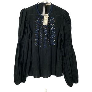 COPY - Ulla Johnson Black Embellished Vida Blouse with Bishop Sleeves